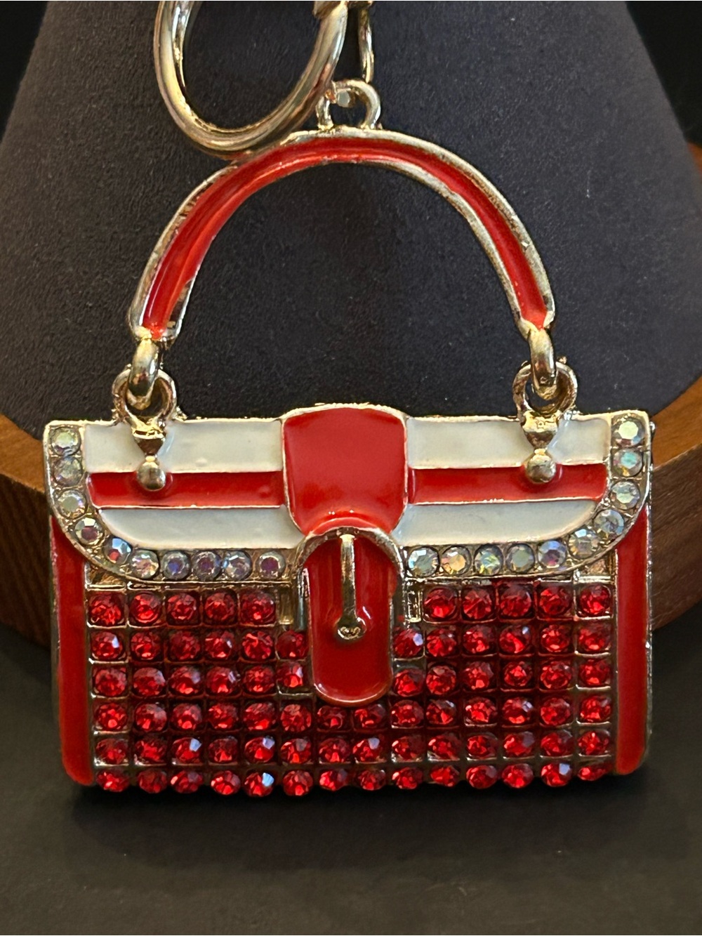 Red & Iredescent Rhinestone Metal Purse Bag Charm Keychain w/Gold Hardware NWOT
